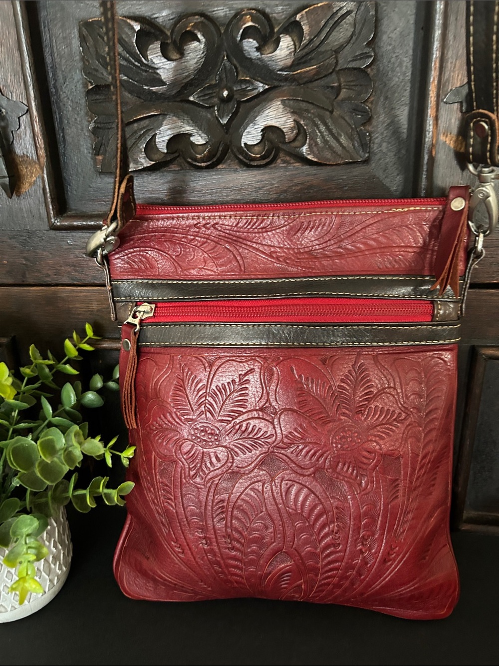 Embossed Floral Crossbody Bag in Deep Red